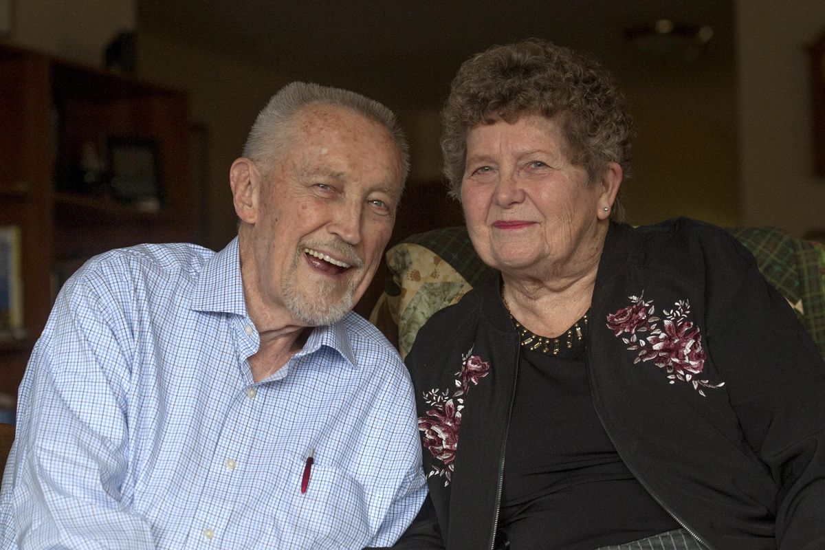 Jack and Janet Arkills pose for a photograph at their home in Spokane on Thursday, March 15, 2018. They married March 21, 1958. (Kathy Plonka / The Spokesman-Review)