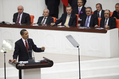 President Barack Obama addresses the general assembly at the Turkish parliament building in Ankara, Turkey, on Monday.  (Associated Press / The Spokesman-Review)