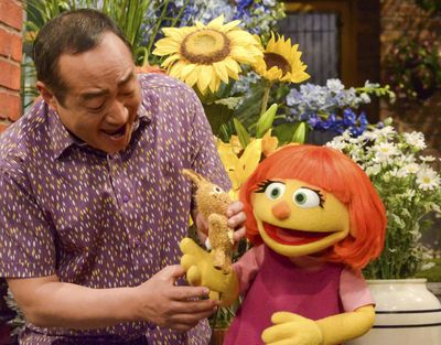 Julia, an autistic muppet character is shown on the 47th Season of “Sesame Street,” on April 10, 2017, on both PBS and HBO. (Zach Hyman / Sesame Workshop)