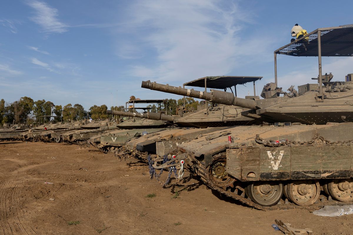 SOUTHERN ISRAEL, ISRAEL - MARCH 14: Tanks stand in a gathering point near the border with the Gaza Strip on March 14, 2024 in southern Israel. Over the weekend, the vice president of the United States voiced that country