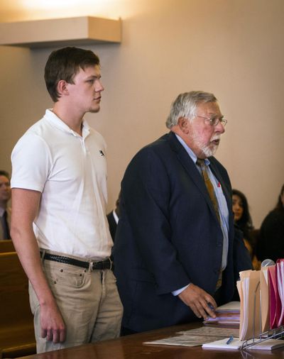 Ryan Fish stands with his lawyer, Paul Chinigo, in Norwich Superior Court on Tuesday, May 8, 2018 in Norwich, Conn. Fish faces two counts of risk of injury to a child, four counts of second-degree reckless endangerment and one count of second-degree breach of peace. (Melanie Stengel / Hartford Courant)