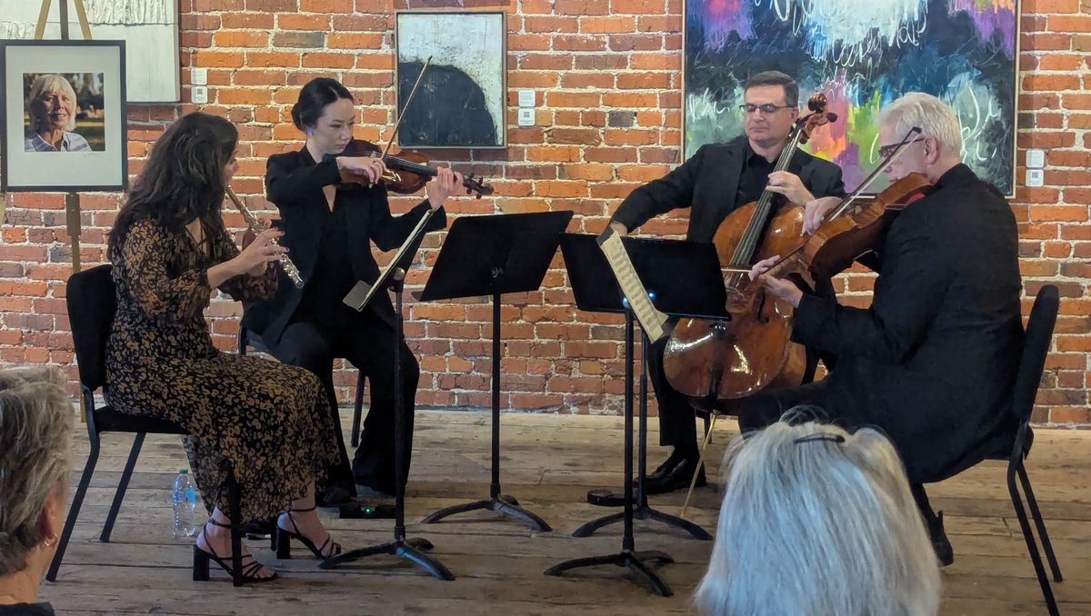 Amy Taylor on flute, left, Evin Blomberg on violin, Ilya Finkelshteyn on cello and Christian Colbert on viola perform at the weekend’s Northwest BachFest at Barrister Winery.  (Larry Lapidus/For The Spokesman-Review)