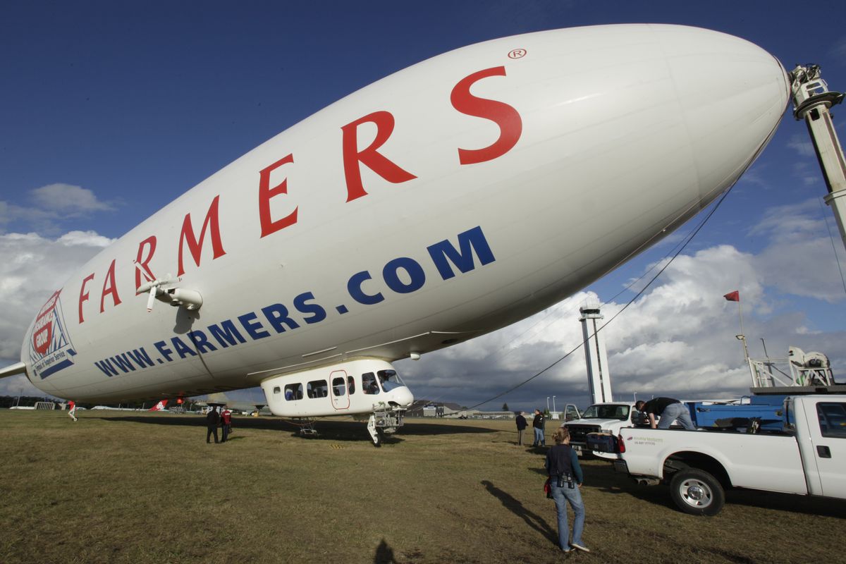The zeppelin airship "Eureka" sits attached to its mast in Everett prior to a flight dedicated to whale research Wednesday, Sept. 8, 2010. (Ted Warren / Associated Press)