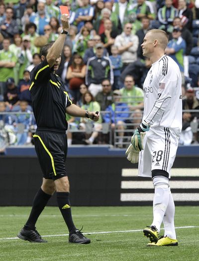 Sounders goalkeeper Terry Boss was red-carded in the first half. (Associated Press)