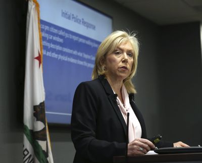 Sacramento County District Attorney Anne Marie Schubert announces that two  police officers will not face criminal charges in last year’s fatal shooting of an unarmed black man, during a news conference in Sacramento, Calif., on Saturday. (Rich Pedroncelli / Associated Press)
