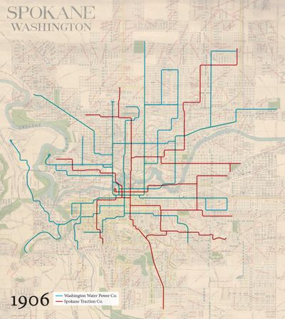 https://twitter.com/transitmap
Until now. Cameron Booth, a Portland-based graphic designer from Australia, has given Spokane’s streetcar and interurban rail past a decidedly 21st-century treatment.
In the past couple of weeks, Booth has mapped out the decades of growth experienced by the city’s once robust streetcar network, and plotted out the reach of the electric interurban lines from 1920.