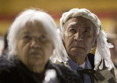 
Native elders watch Prime Minister Stephen Harper via satellite on the Squamish nation reserve in North Vancouver, B.C., on Wednesday. Hundreds attended the gathering.
 (The Spokesman-Review)
