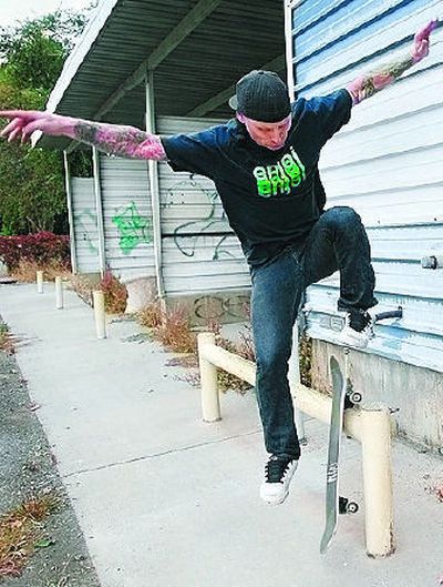 
Brent Royce grinds at an abandoned car wash in Spokane Valley. 
 (Dan Pelle / The Spokesman-Review)