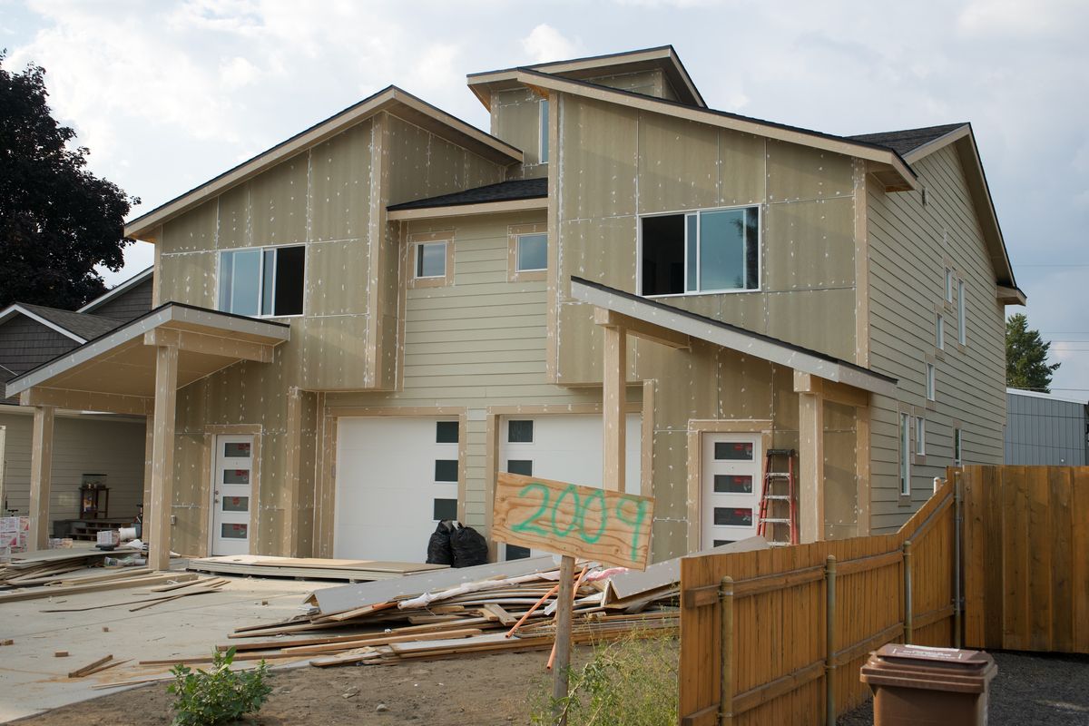 A duplex being built on Magnolia Street thanks to Spokane’s new relaxed housing rules is pictured August 7, 2023.  (Luke Blue/THE SPOKESMAN-REVIEW)
