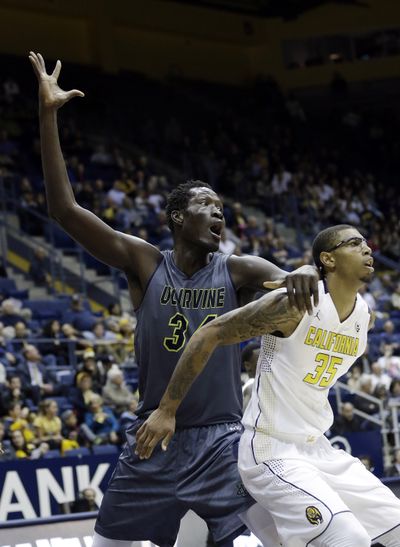 UC Irvine’s Mamadou Ndiaye, left, stands out at 7-foot-6. (Associated Press)