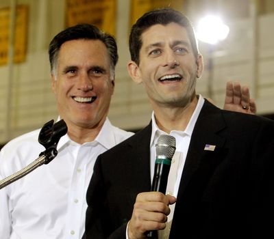 Mitt Romney introduces Rep. Paul Ryan as his running mate Saturday in Ashland, Va. (Associated Press)
