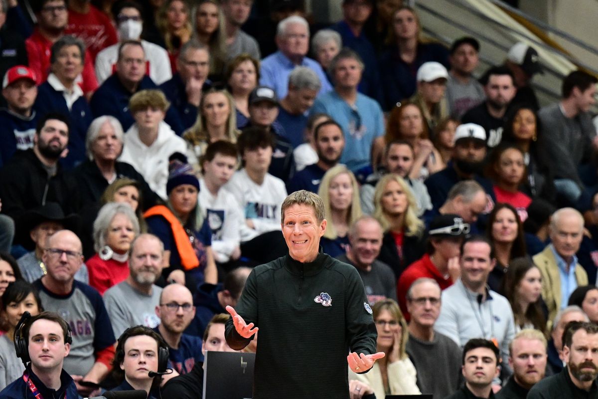 Gonzaga Bulldogs head coach Mark Few reacts against the Pepperdine Waves during the first half of a college basketball game on Saturday, Feb 18, 2023, at Firestone Fieldhouse in Malibu, Calif.  (Tyler Tjomsland/The Spokesman-Review)