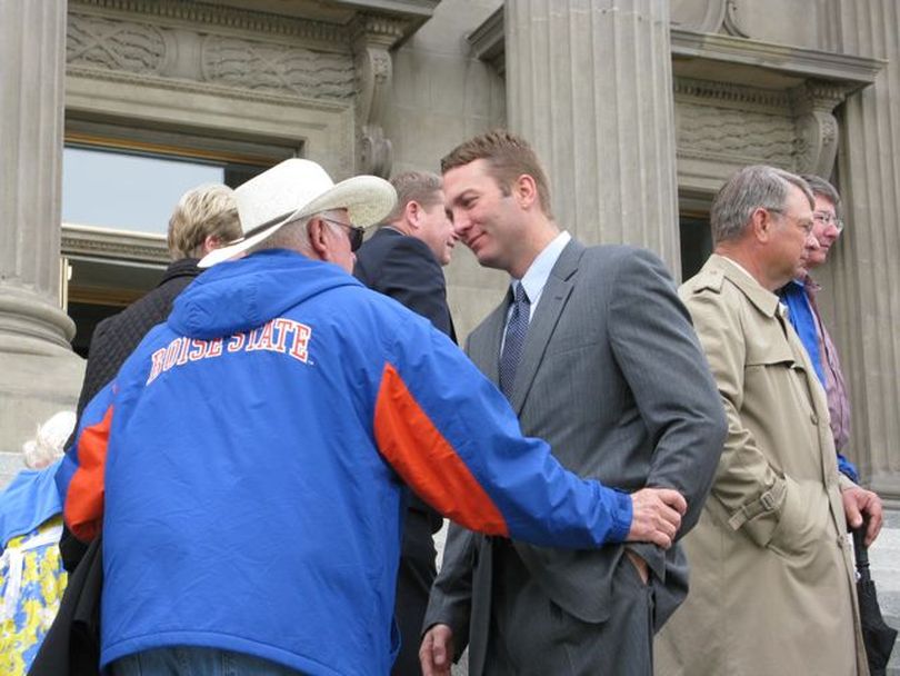 Vaughn Ward, center right, greets a supporter after a GOP unity rally on Wednesday, a day after Ward lost the 1st District GOP congressional nomination to Raul Labrador. (Betsy Russell)