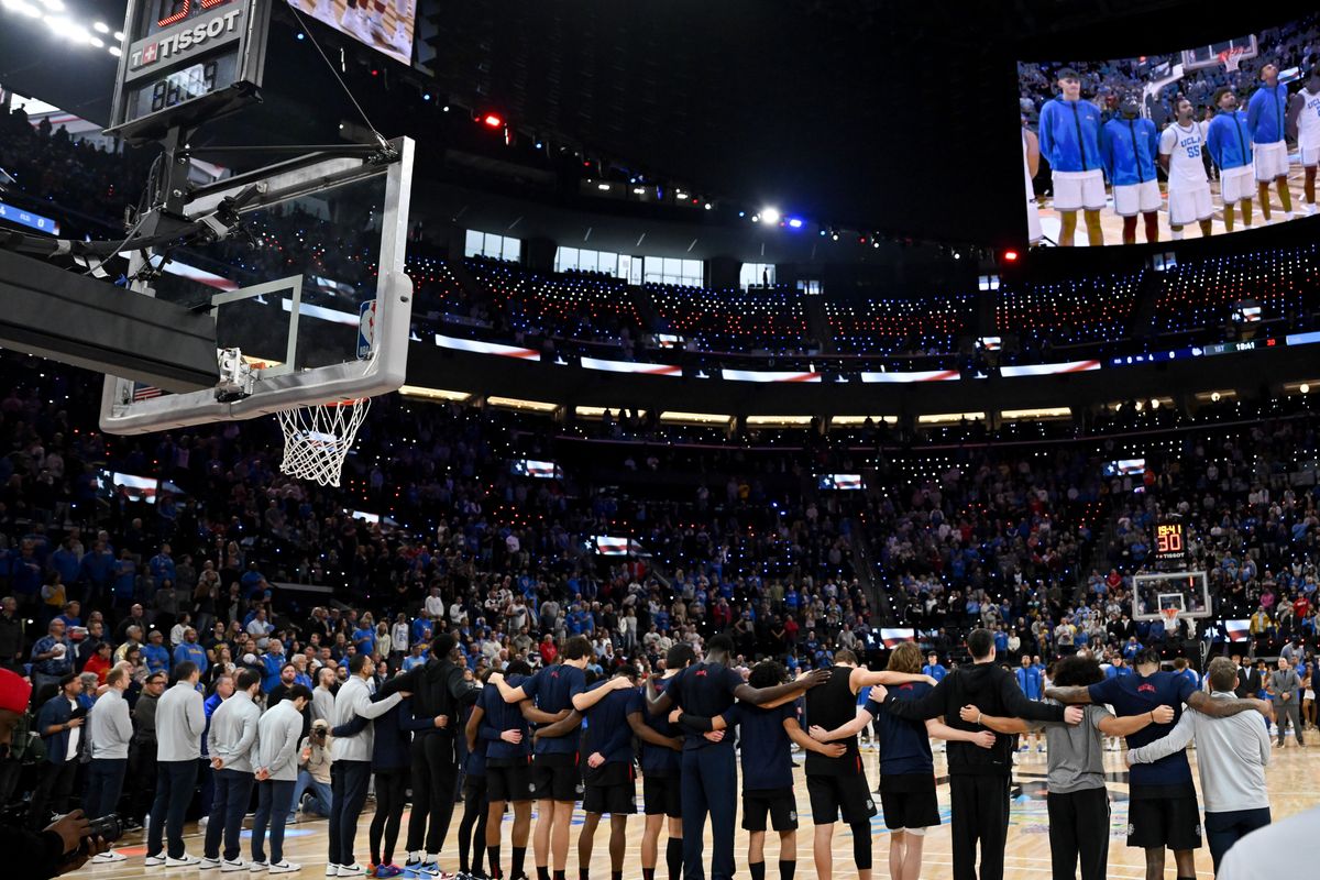 The Intuit Dome lights up with red, white and blue during the National Anthem prior to Saturday’s Gonzaga-UCLA game in Inglewood, Calif.  (TYLER TJOMSLAND/THE SPOKESMAN-REVIEW)