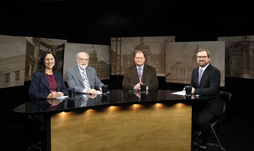 From left, Betsy Russell, Jim Weatherby, Scott Logan, and host Greg Hahn on the set of 