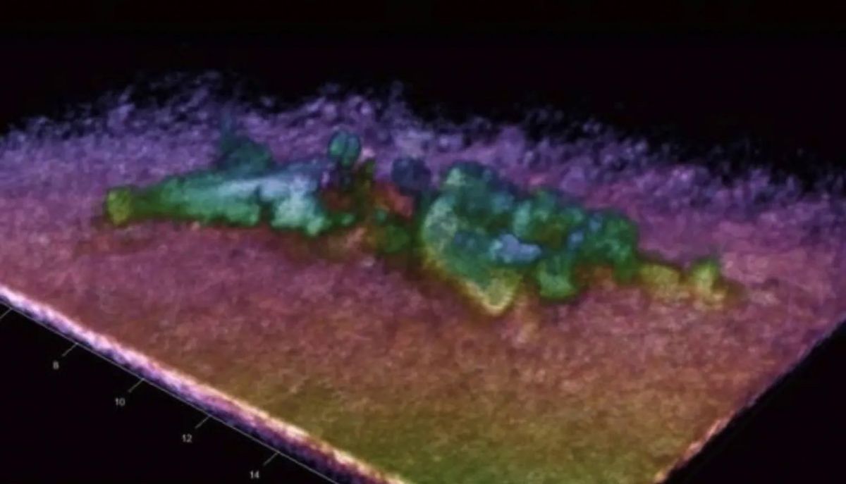 An image of the floatplane wreckage on the seafloor, computer-processed from data taken Saturday by the University of Washington’s vessel using a 3D synthetic aperture sonar system.  (Courtesy of UW Applied Physics Laboratory)