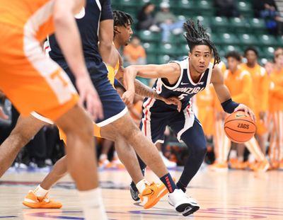 Gonzaga's Hunter Sallis speeds past Tennessee defenders on his way to the basket at the Comerica Center in Frisco Texas Friday, Oct. 28, 2022.  (Jesse Tinsley/THE SPOKESMAN-REVIEW)