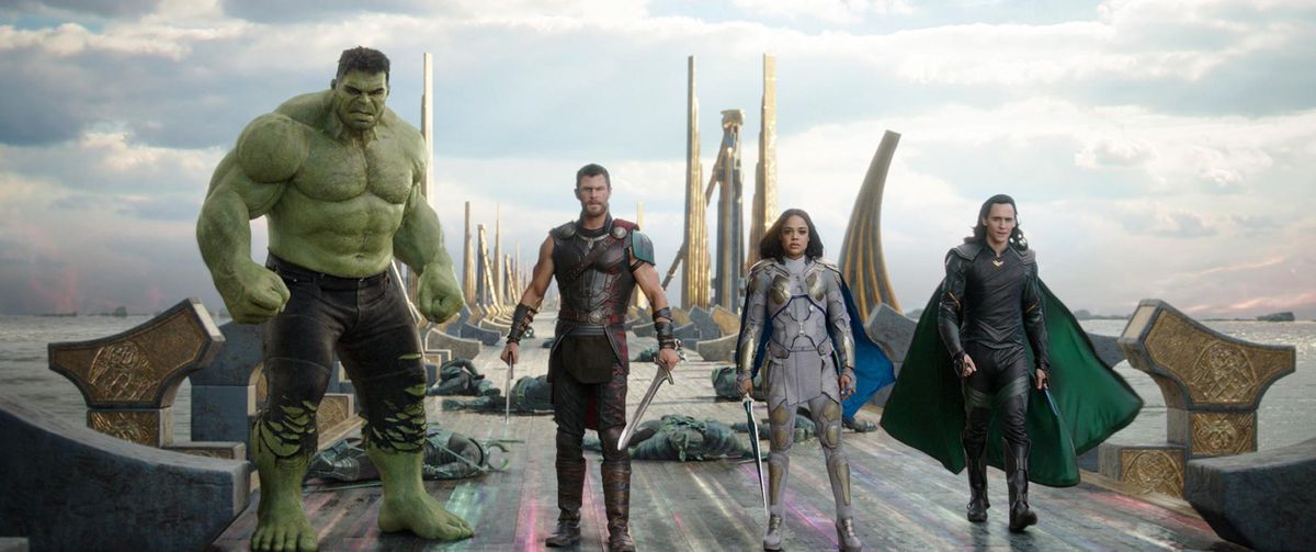 This image released by Marvel Studios shows the Hulk, from left, Chris Hemsworth as Thor, Tessa Thompson as Valkyrie and Tom Hiddleston as Loki in a scene from, "Thor: Ragnarok." (Marvel Studios via AP) ORG XMIT: NYET405 (null / AP)