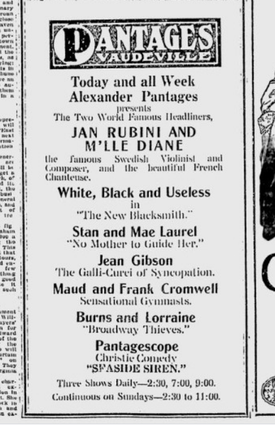Stan Laurel, half of the future comedic duo Laurel & Hardy, appeared at the Pantages Theater in Spokane on this date 100 years ago.  (S-R archives)