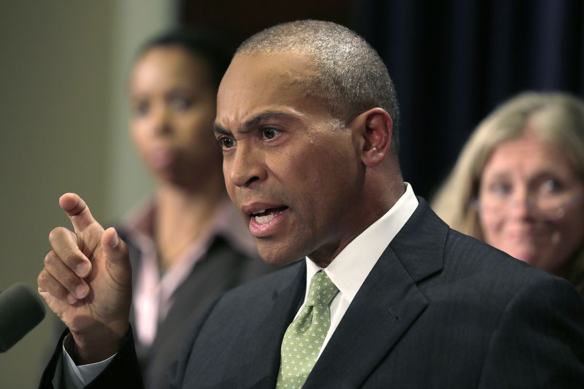 Mass. Gov. Deval Patrick gestures during a news conference regarding the Massachusetts pharmacy responsible for the meningitis outbreak during a news conference at the Statehouse in Boston, Tuesday, Oct. 23, 2012. The outbreak of meningitis, an inflammation of the lining of the brain and spinal cord, has sickened nearly 300 people, including 23 who died, in more than a dozen states. (Charles Krupa / Associated Press)