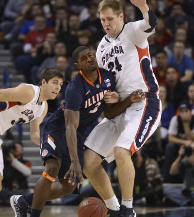 GU’s Kelly Olynyk draws foul on UI’s Myke Henry. (Dan Pelle)