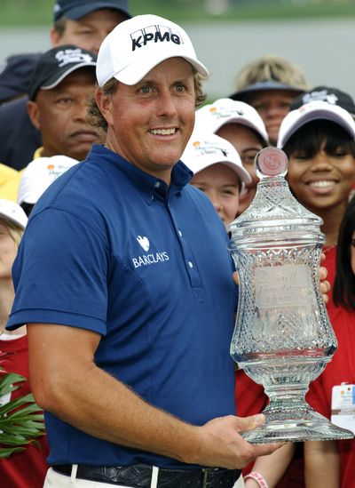 Phil Mickelson won the Houston Open on Sunday, moving him to No. 3 in the world heading into his Masters title defense. (Associated Press)