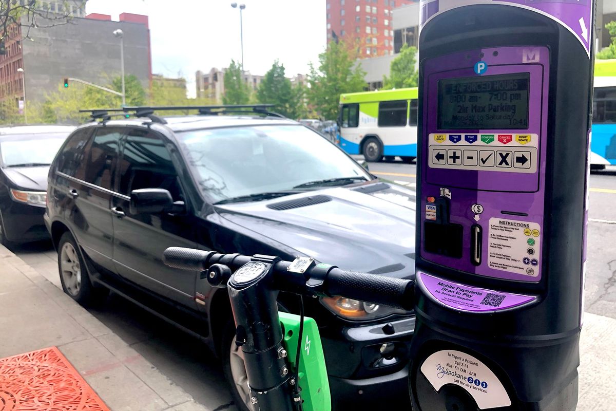 New parking meters, which offer more ways to pay for parking, are being installed in downtown Spokane, shown on Wednesday.  (Jesse Tinsley/The Spokesman-Review)