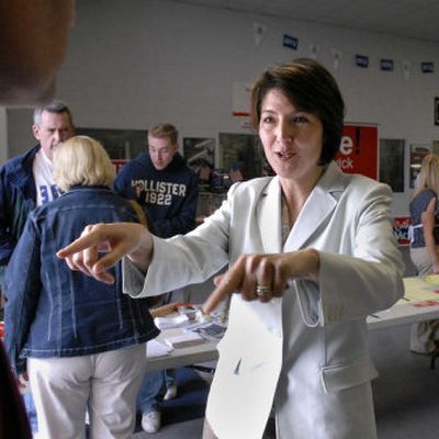 
Congresswoman Cathy McMorris acknowledges a familiar face as she leaves a rally at the Sharp Shooting Indoor Range on Friday in Spokane. 
 (Dan Pelle / The Spokesman-Review)