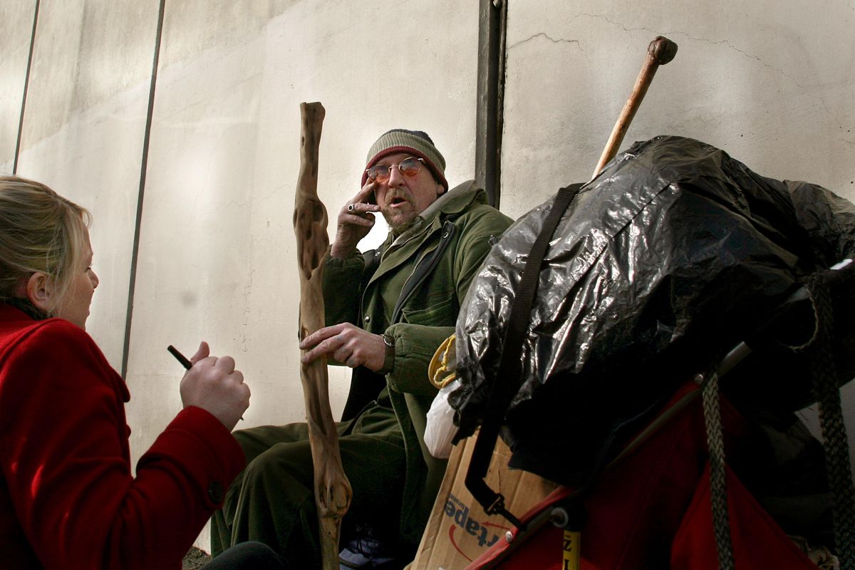 Larry Power wipes a tear from his eye as he speaks with Chrystal Alderman from the Spokane Mental Health while she counts the homeless of Spokane on Jan. 25, 2007. (PHOTO BY AMANDA SMITH / File/The Spokesman-Review)