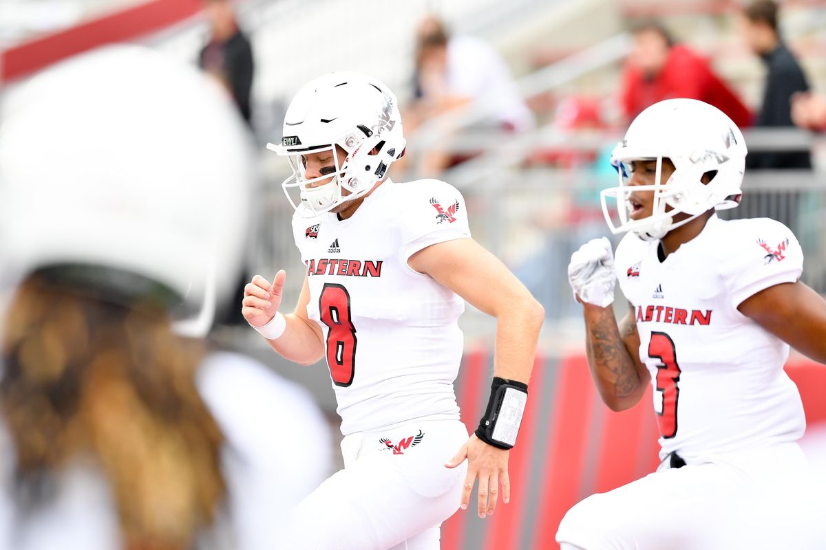 Eastern Washington quarterbacks Gage Gubrud (8) and Eric Barriere (3) warm up before the first half of  the Sept. 15 game at Martin Stadium in Pullman. (Tyler Tjomsland / The Spokesman-Review)