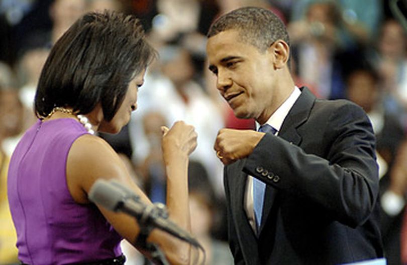 Michelle Obama congratulates Barack Obama on winning the Democratic nomination in June 2008. (Craig Lassig / EPA)