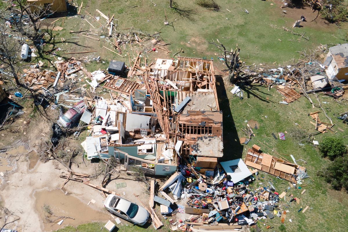 A home is destroyed from a possible tornado the next before near Andover, Kan., on Saturday, April 30, 2022 A suspected tornado that barreled through parts of Kansas has damaged multiple buildings, injured several people and left more than 6,500 people without power.  (Jaime Green)