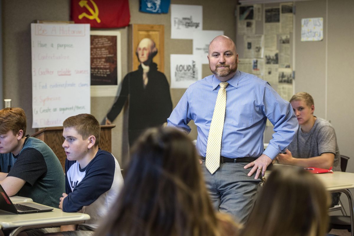 University High School teacher Paul Schneider conducts his AP History class, Nov. 3, 2016, in Spokane Valley, Wash. (Dan Pelle / The Spokesman-Review)