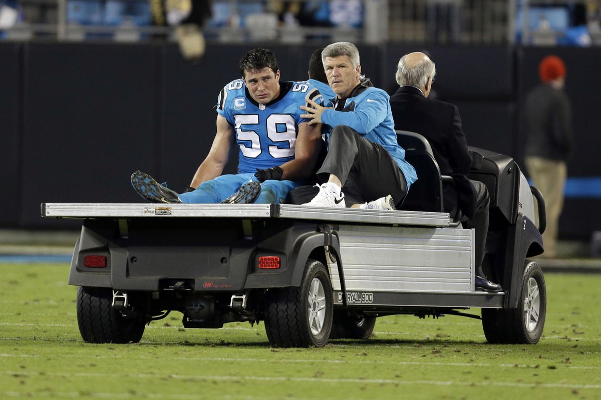 Carolina Panthers’ Luke Kuechly (59) is taken off the field after being injured in the second half of an NFL football game against the New Orleans Saints in Charlotte, N.C., Thursday, Nov. 17, 2016. (Bob Leverone / Associated Press)