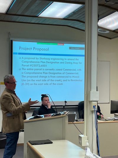Cheney Public Works Director Todd Ableman discusses a rezoning proposal of the North Cheney Mobile Home Park at Tuesday night's City Council meeting.   (Garrett Cabeza / The Spokesman-Review)