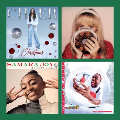 Clockwise from top left: Covers of new holiday albums from Cher, Sabrina Carpenter, Robert Glasper and Samara Joy.  (New York Times)