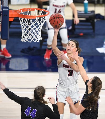 Gonzaga Bulldogs forward Jenn Wirth (3) shoots the ball against Portland during the second half of a college basketball game on Saturday, January 9, 2021, at McCarthey Athletic Center in Spokane, Wash. Gonzaga won the game 75-43.  (Tyler Tjomsland/THE SPOKESMAN-RE)