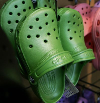 In this Feb. 6, 2006 photo, Crocs colorful resin footwear are on display at the REI flagship store in Denver. (Ed Andrieski / Associated Press)