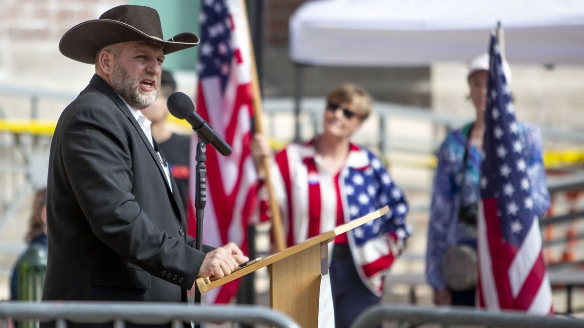 FILE - In this April 3, 2021 file photo Ammon Bundy speaks to a crowd of about 50 followers in front of the Ada County Courthouse, in downtown Boise. The anti-government activist has asked a judge to throw out the guilty verdict in his trespassing case and to acquit him instead because he says the state's trespassing law should not be applied to public property. Idaho's courts, like many states, allow defendants to ask the judge for an acquittal within several days of the jury verdict./  (Darin Oswald)