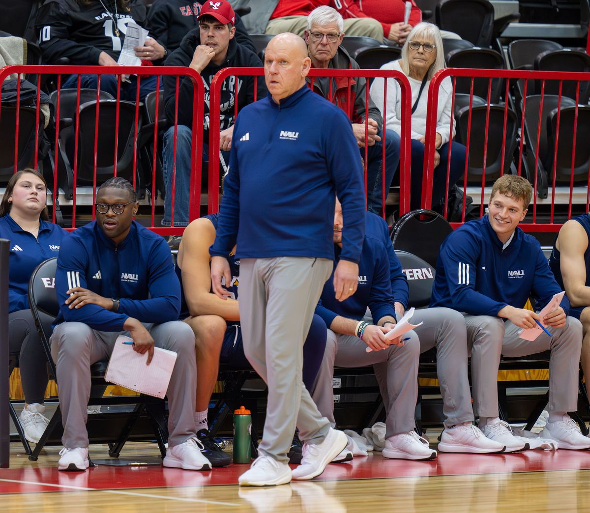 Former Gonzaga player Gary Bell Jr., on left, sitting, is now an associate head coach with Northern Arizona. (Colin Mulvany / The Spokesman-Review)