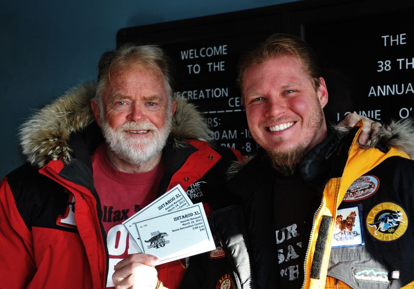 Bob Jones of Kettle Falls, left, and Josh Rindal of Spokane finished their 1,000-mile Alaska snowmobile trek along the Iditarod Trail in time to get tickets for the Musher Banquet in Nome on March 18, 2012. They put in 15 days on the trail between the Anchorage area and Nome.

 (Bob Jones)