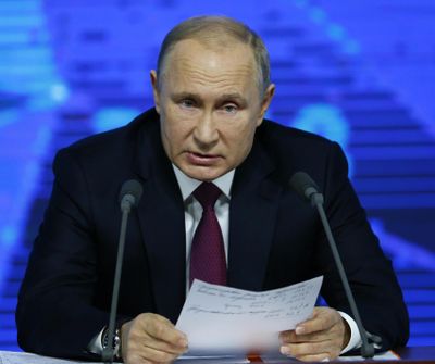 Russian President Vladimir Putin speaks during his annual news conference in Moscow, Russia, Thursday, Dec. 20, 2018. (Alexander Zemlianichenko / Associated Press)