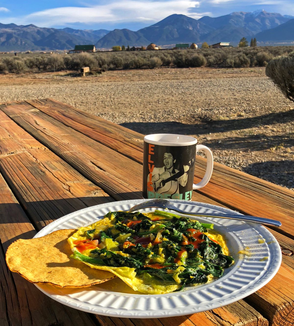 Eggs served over sauteed spinach on crispy tortillas make for a memorable breakfast in Taos, N.M.   (Leslie Kelly)