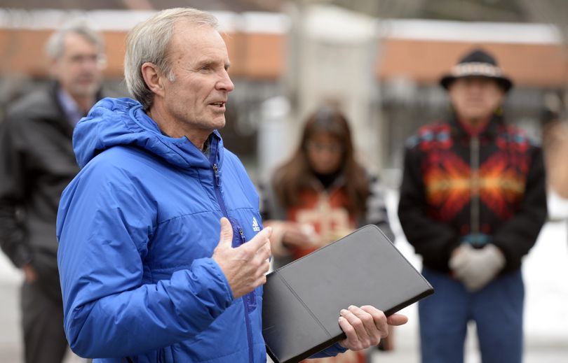 FILE - John Roskelley, former Spokane County commissioner and noted mountaineer, speaks to the media about the objections of environmentalists to the permitted expansion of the Mount Spokane Ski and Snowboard Park Wednesday, Jan. 6, 2016 in Riverfront Park. Roskelley received another prestigious climbing award, Thursday. (Jesse Tinsley / The Spokesman-Review)