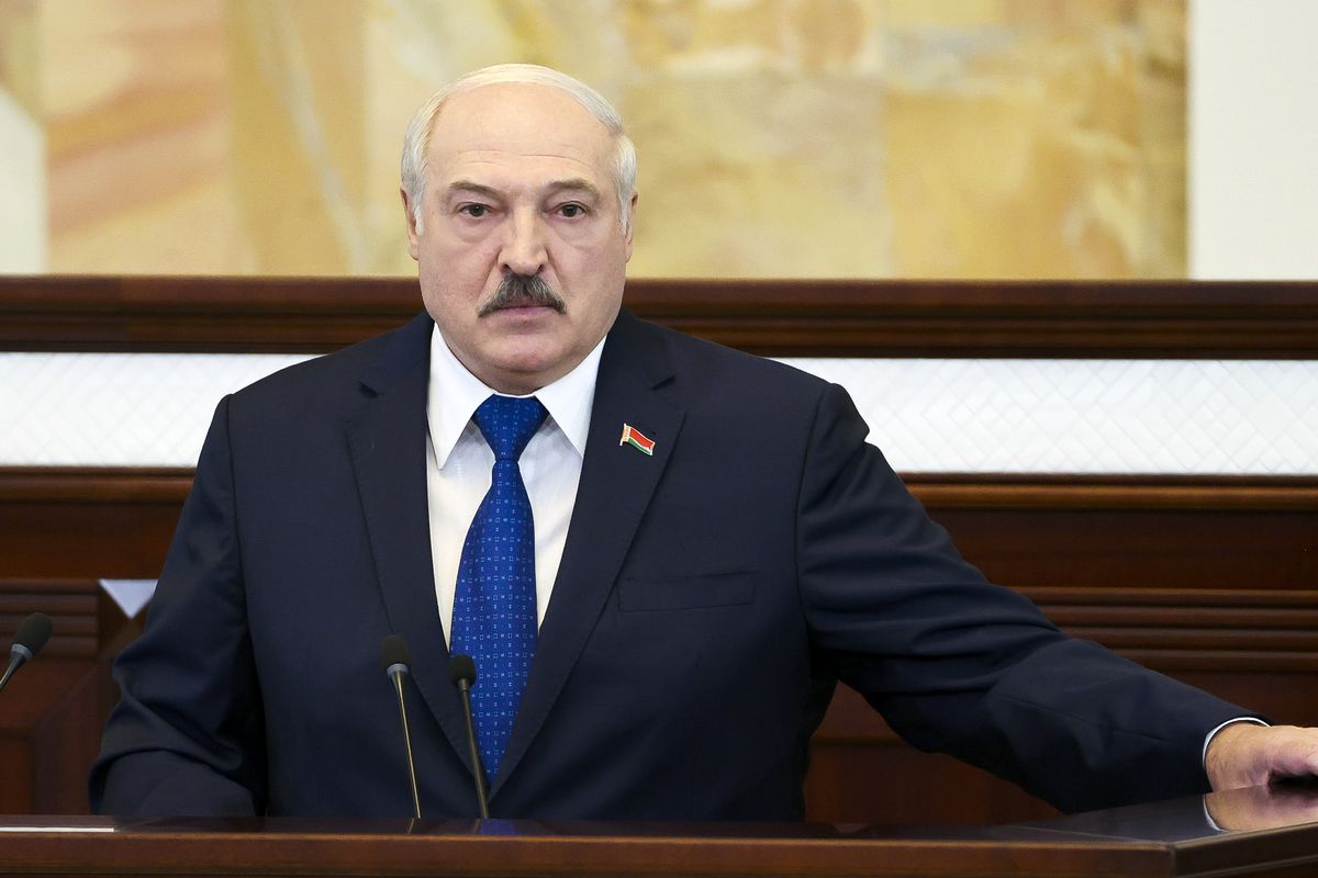 Belarusian President Alexander Lukashenko addresses the Parliament in Minsk, Belarus, Wednesday, May 26, 2021. Lukashenko is defending his action to divert a European flight that triggered bruising European Union sanctions and accused the West of waging a "hybrid war" to "strangle" the ex-Soviet nation. On Sunday, May 23, 2021, Belarusian flight controllers ordered a Ryanair jetliner flying from Greece to Vilnius to land in the country