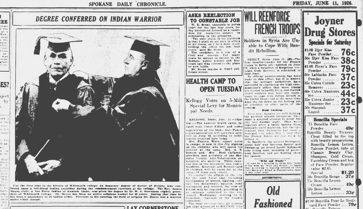 Whitworth College’s president bestowed an honorary degree of doctor of divinity on the Rev. James Hayes, a Nez Perce tribal member who had been a missionary to more than 25 different tribes, the Spokane Daily Chronicle reported on June 11, 1926. The newspaper also reported that Whitworth was breaking ground on a new dean’s lodge, “the first building to be constructed under the $300,000 Whitworth endowment campaign.”  (Spokesman-Review archives)