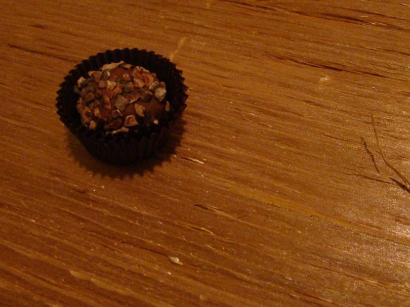 Irish Cream chocolate truffle rolled in cocoa nibs--delicious! (Maggie Bullock)