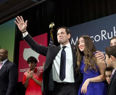 Republican presidential candidate Sen. Marco Rubio, R-Fla, embraces his daughter Amanda during an election-night rally Saturday, Feb. 20, 2016, in Columbia, S.C. (John Bazemore / Associated Press)