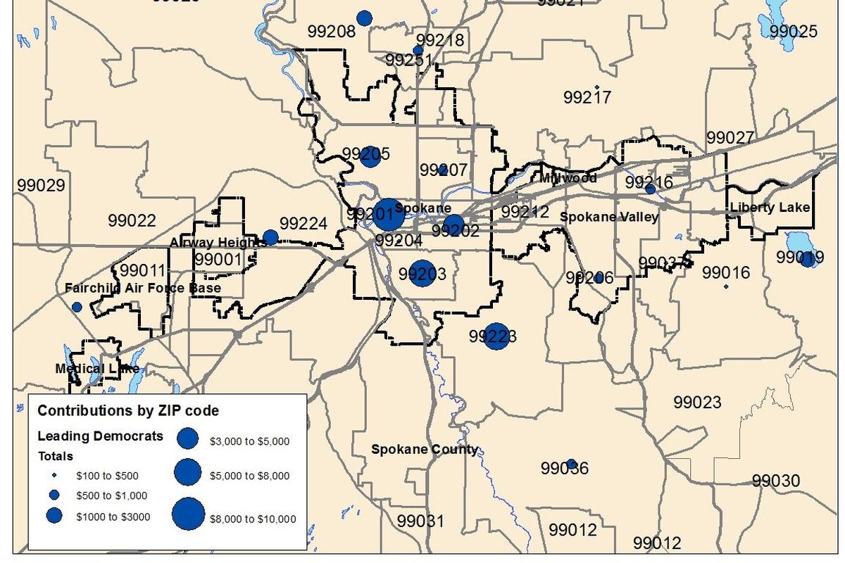 Computer analysis of FEC campaign reports shows the local ZIP codes that give the most to Democratic presidential candidates are in downtown Spokane and the South Hill. (Jim Camden / The Spokesman-Review)