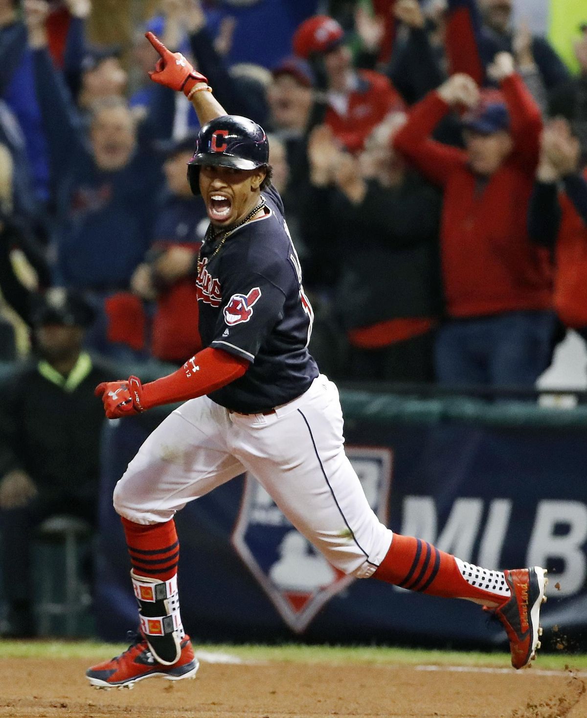 Cleveland Indians Francisco Lindor celebrates after hitting a